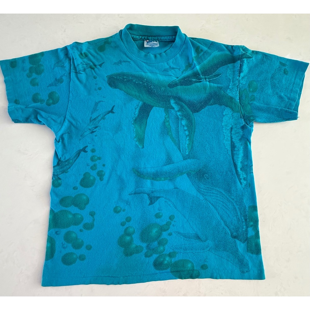 Vintage 90s Allover Ocean Whale Tee Hanes Beefy T‎ Single Stitch Blue Size L USA